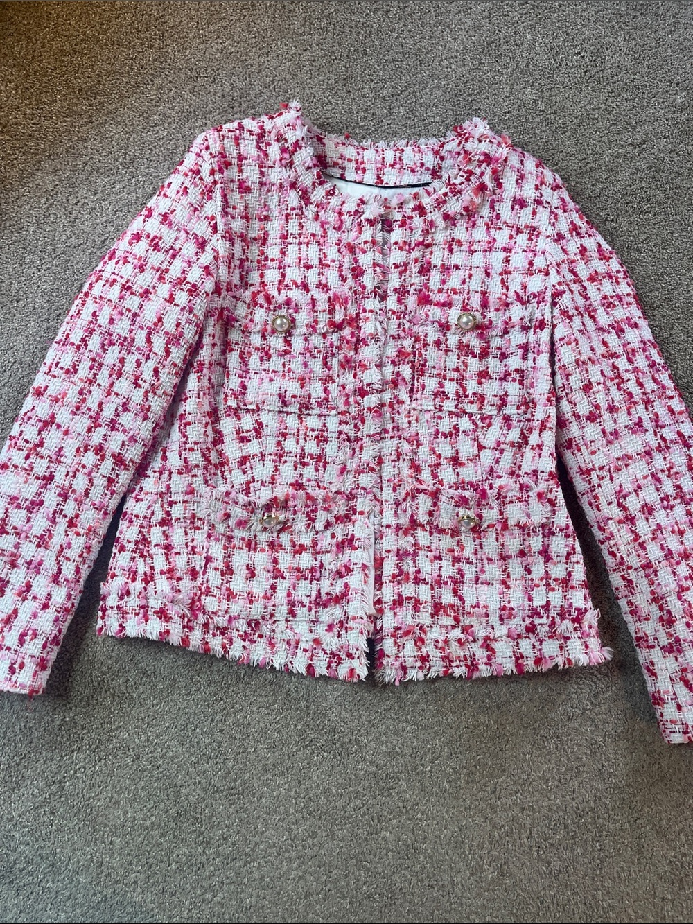 🎀🌺🌸Nanette Lepore sz8 Pink “tweed” Blazer pink red white Fringe Faux Pearls NWT